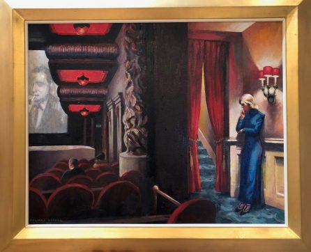 Painting of man standing to the right of a stage in a theatre